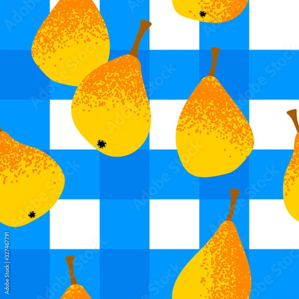Fototapeta seamless pattern with a blue checkered tablecloth with pears. Modern abstract design for paper, cover, fabric, interior decor