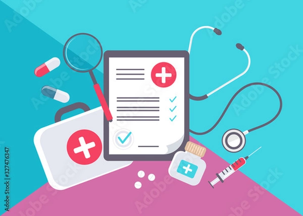 Obraz Medical form list with results data and approved check mark vector illustration, flat cartoon clinical checklist document with checkbox, insurance or medicine service concept, prescription record.