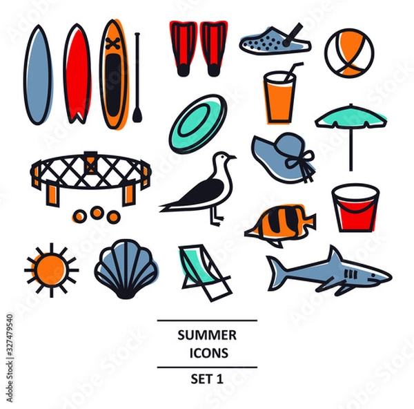 Fototapeta Summer Icons Black line set Travel, vacation and weekend Isolated Vector illustration