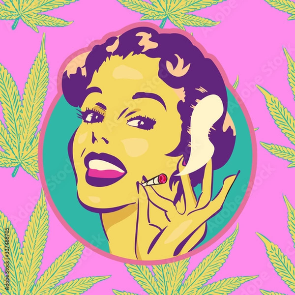 Fototapeta Smiling woman on cannabis leaf background