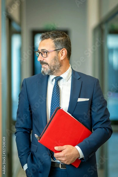 Obraz A charismatic, bespectacled bank employee takes notes on his red file