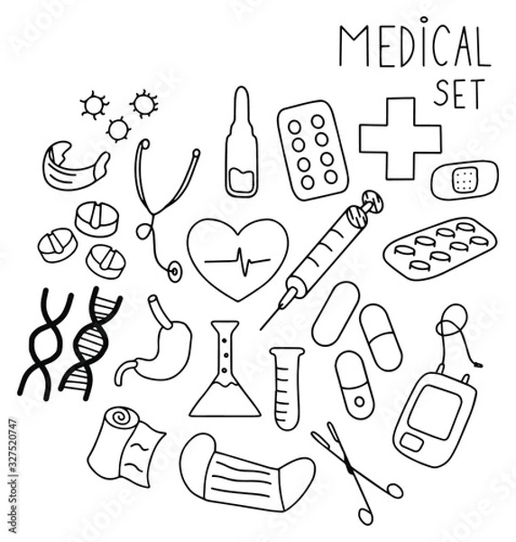Fototapeta Medical stuff Healthcare equipment kit. Hand drawn icons clip art doodles. Stock vector illustration isolated on white backgound. Sketch elements set for graphic and web design.