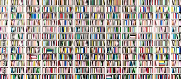 Obraz Bookshelves in the library with colorful books 3d render 3d illustration	