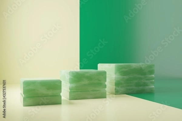 Fototapeta Three jade stone cubes on beige and green background. Best for product presentation.