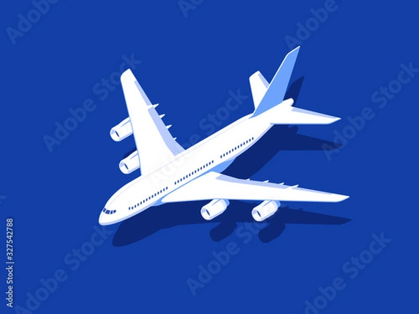 Obraz Airplane on blue background. Aircraft flight travel. Isometric design vector illustration