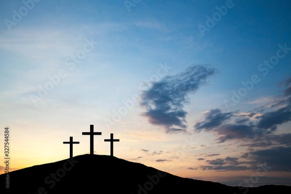 Fototapeta Three cross on the hill, Jesus Christ from the Bible. Easter, Religion. Salvation of sins, sacrifice