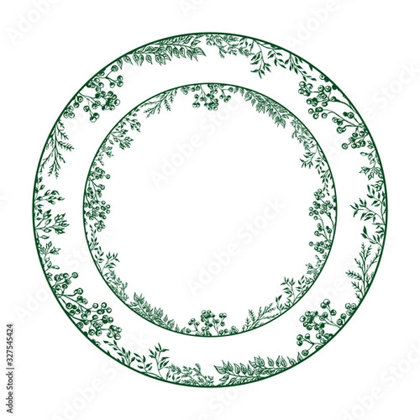 Fototapeta Plants pattern circular design for plates with leaves and berries or some other material things bearing an image floral printed. Silhouette isolated on white background