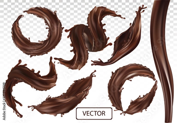 Obraz 3D realistic splash of chocolate. Twisted dark chocolate with drop on transparent background. Set vector illustration.