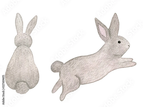 Obraz Cute cartoon bunny jumping and bunny from behind, watercolor Easter bunny design, bunny animal drawing