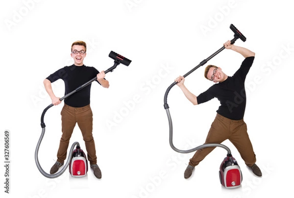 Fototapeta Funny man with vacuum cleaner on white