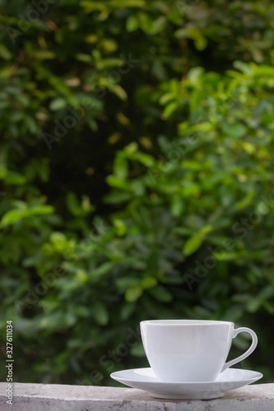 Fototapeta Vertical image of clean white coffee cup or teacup and the plate put on old concrete border and blurry green leaves tree in natural background with morning soft lighting and copy space.