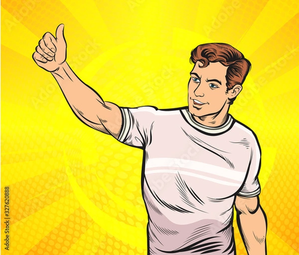 Obraz Young man smile, He turned to the side by lifting his finger. Pop art retro illustration comic Style Vector, Separate images of people from the background.