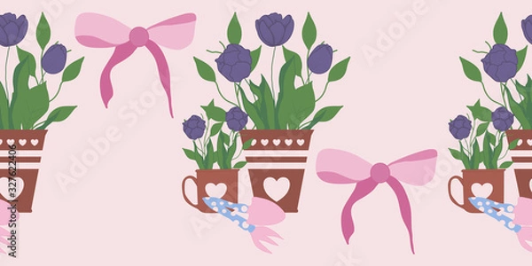 Fototapeta horizontal vector border with cute tulips in pots