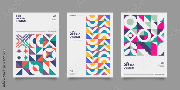 Fototapeta Placard templates set with Geometric shapes, Retro bauhaus swiss style flat and line design elements. Retro art for covers, banners, flyers and posters. Eps 10 vector illustrations