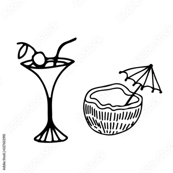 Fototapeta Doodle style cocktail set. Elements are isolated on a white background. Cocktail in a glass and in a slice of coconuts with an umbrella. Stock vector illustration
