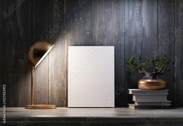 Obraz The book with a white cover for presentation and advertising. Wooden background. Night interior with a table lamp. Bonsai tree on a stack of books. 3D rendering.