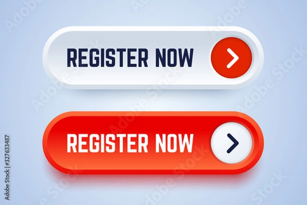 Fototapeta Zarejestruj teraz przyciski w dwóch opcjach ze strzałką. Białe i czerwone kolory. Przycisk wektorowy do rejestracji w usługach, blogach, stronach internetowych.