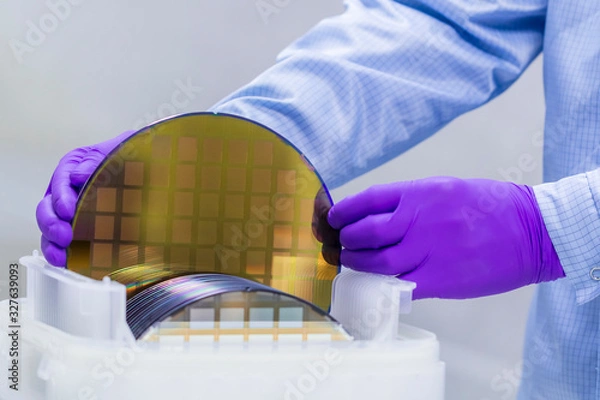 Fototapeta Silicon Wafer with semiconductors in plastic white storage box take out by hand in gloves inside clean room.