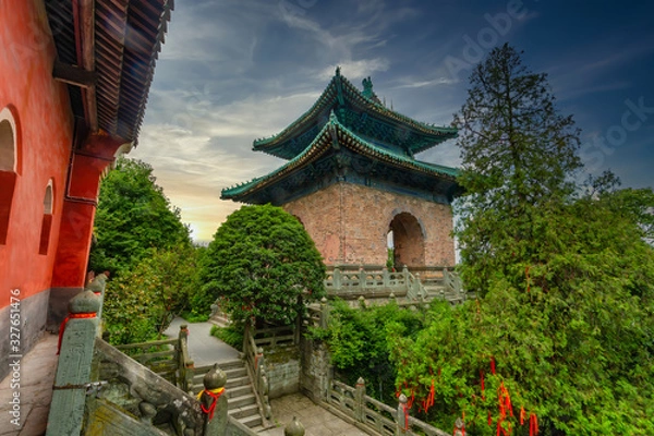Obraz Beautiful and charming spot in front of Tianmen gate. Watchtower before the entrance in Nanyan Palace. Wudang Shan Mountain, Hubei province, China