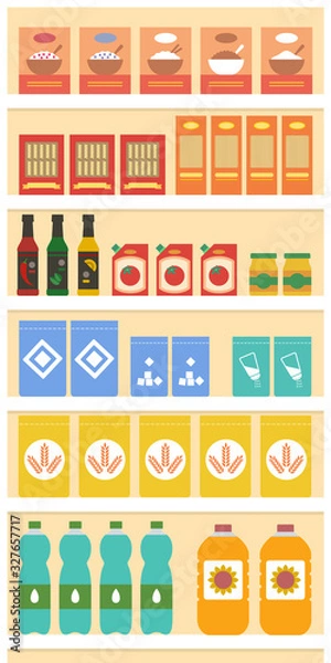 Fototapeta Supermarket shelf with groceries. Store shelf banner or background.