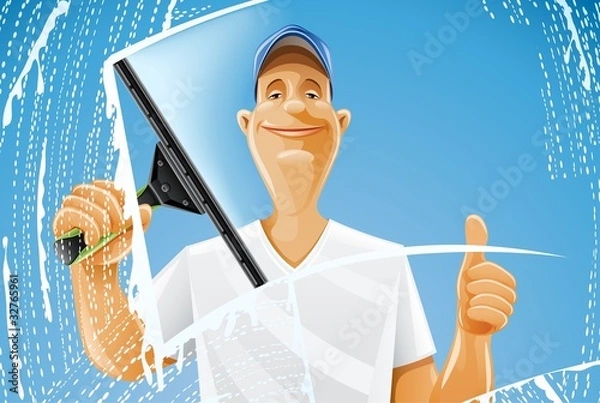 Obraz man cleaning window squeegee spray