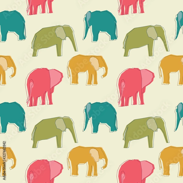 Fototapeta Vector tropical playful colorful elephants, seamless repeat pattern on a cream background. Use for textile design, fashion prints, papers and print on demand products.
