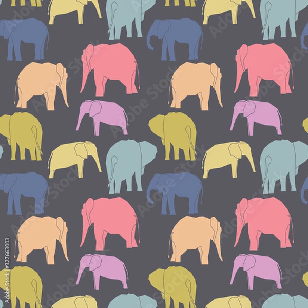 Fototapeta Vector tropical colorful playful elephants, seamless repeat pattern on graphite grey background. Use for textile design, fashion prints, papers and print on demand products.