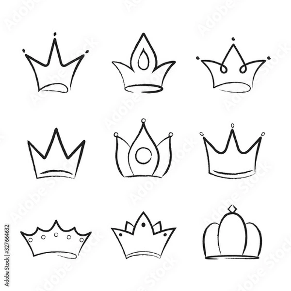 Fototapeta Hand drawn crown. Doodle, sketch king crowns in line style. Simple diadems of queen in graffiti or grunge style. Royal emblem. Heraldic decoration symbol. Luxury concept. Calligraphy design vector.