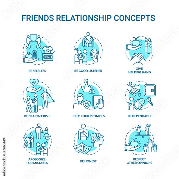 Obraz Best friends relationship concept icons set. Friendship advices. Dependable, honest and selfless idea thin line RGB color illustrations. Vector isolated outline drawings. Editable stroke