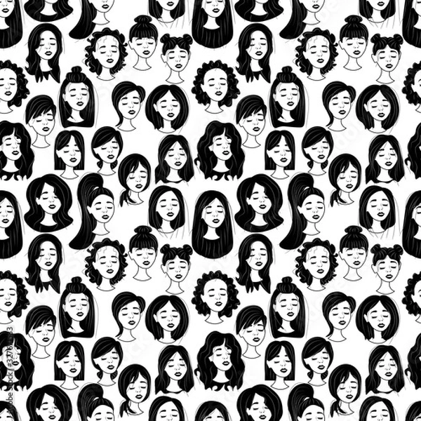 Fototapeta Black-white seamless pattern with portraits of young girls on a background in outline. Women with different hairstyles and hair color. Front view, closed eyes, happy smile. Stock vector illustration