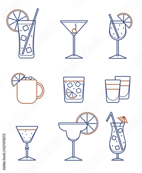 Fototapeta Collection set of icons: various alcohol cocktail glasses high ball martini margarita old fashioned shot Moscow mule mug. For card, poster, invitation, banner or restaurant menu for party event