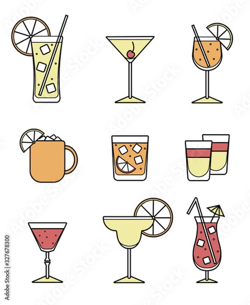 Fototapeta Collection set of icons: various alcohol cocktail glasses high ball martini margarita old fashioned shot Moscow mule mug. For card, poster, invitation, banner or restaurant menu for party event