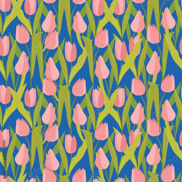 Fototapeta Seamless spring pattern with cute tulips.Hand drawn surface pattern design with flowers. Seamless texture can be used for wallpapers, pattern fills, surface textures.