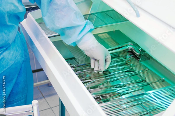 Obraz medical sterilizer with tools, the doctor takes out with one hand the tool from the medical sterilizer, on a medical background