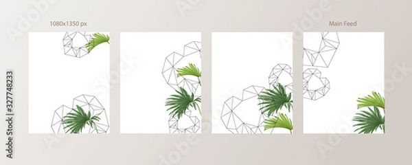 Fototapeta Green and Tropical cover design template, Social media stories and Main Feed Background  with green tropical leaf geometric shapes and minimal style decoration. Vector illustration.