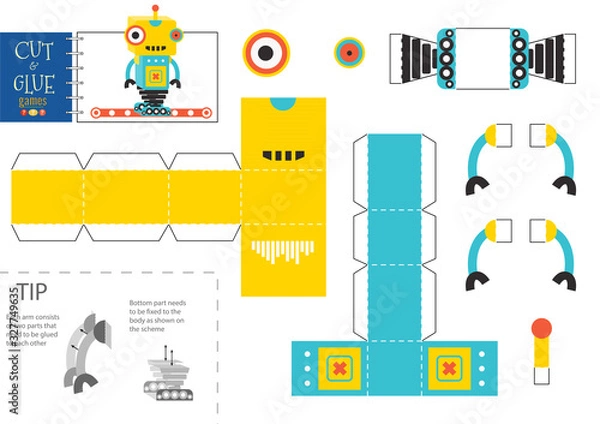 Fototapeta Cut and glue robot toy vector illustration, worksheet.