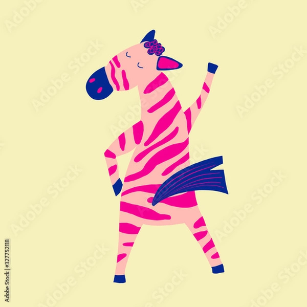 Obraz Kolorowy zabawny taniec zebry. Modne ręcznie rysowane zwierzę do druku.