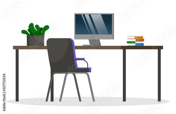 Fototapeta Black table and chair, furniture. Electronic device, computer for work and study. Modern design of workspace at home or office. Plant cactus and books on desk. Vector illustration of workplace in flat