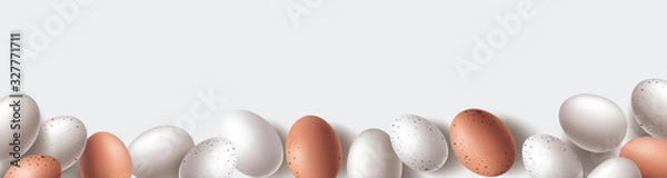 Obraz Happy Easter Background with Easter Eggs Decoration in Natural Eggshell color. Vector Easter banner with top view flat lay easter eggs and copy space