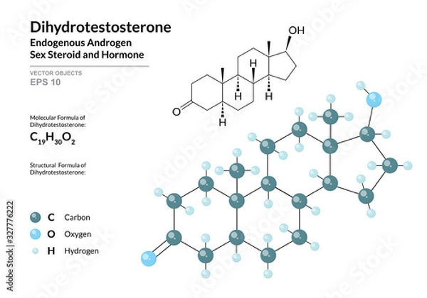 Fototapeta Hormone Dihydrotestosterone. Structural Chemical Formula and Molecule 3d Model. Atoms with Color Coding. Vector Illustration
