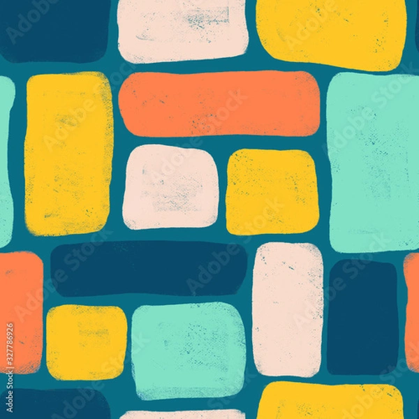 Fototapeta Geometric hand drawn abstract rectangle block shapes seamless pattern. Repeating background blue, pink, yellow teal collage style design.