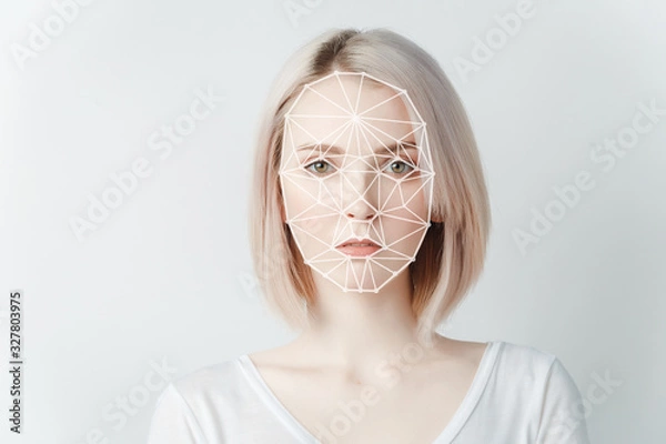 Obraz Portrait of a young girl in a white T-shirt on a white background, face recognition, surveillance fbi, artificial intelligence