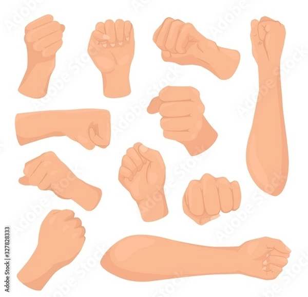 Obraz Cartoon fists vector illustrations. Woman hand with clenched fist, female caucasian clenches palm hand in different angles, raised hands, fisticuffs. Fight and protest concept, isolated icons set