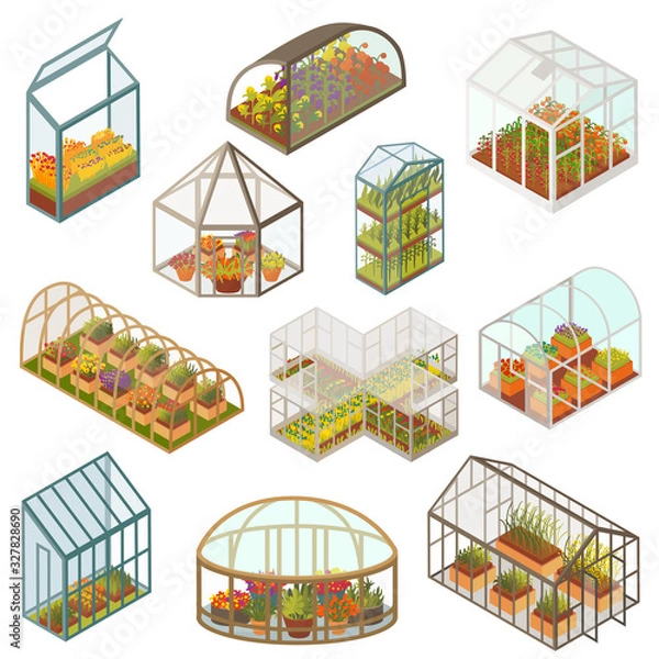 Obraz Greenhouse isometric vector illustration. Farm garden with growing agricultural plants and colorful flowers in glass green houses of various shapes, greenhouse cultivate gardening 3d isolated icon set