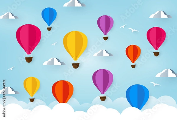 Fototapeta Colorful Air Balloons on sky. with Cloud and birds. paper art concept