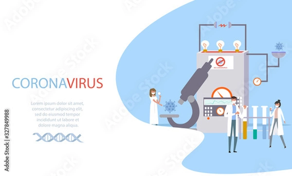 Obraz  Group of scientists, doctors working in laboratory, research and development of medication. Coronavirus antivirus medical research concept. Editable Vector illustration.