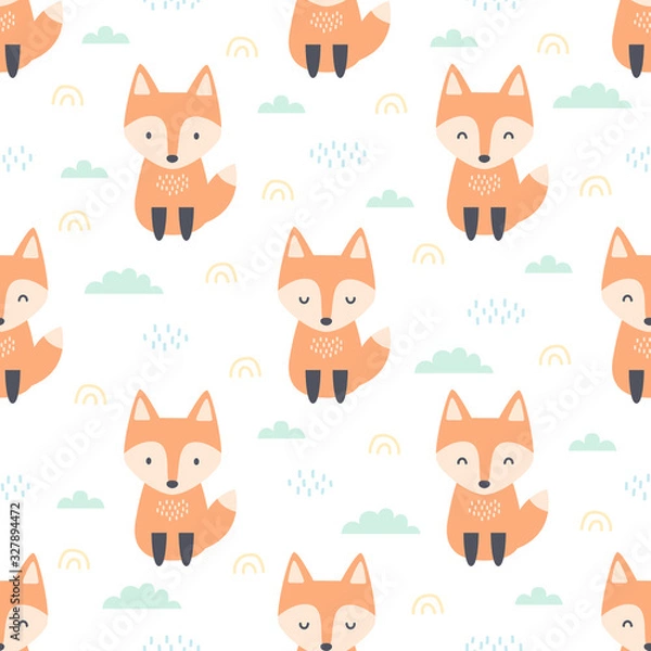 Fototapeta Orange red fox sitting on the field seamless pattern background