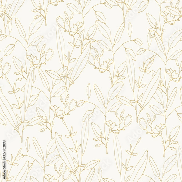 Fototapeta Botanical vector illustration of painted small floral template and outline drawing elements. Rustic vintage golden leaves and hand sketched flowers seamless pattern on white pastel background.