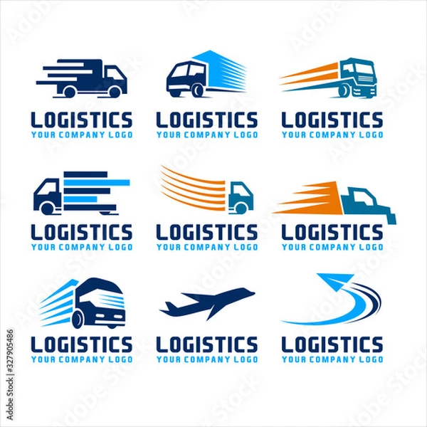 Fototapeta zestaw logistyki transport logo wektor, ikona koncepcja szybkiej dostawy. Prosta ilustracja kolorowy element zakupów. Projekt symbolu wektorowego z kolekcji sklepu.
