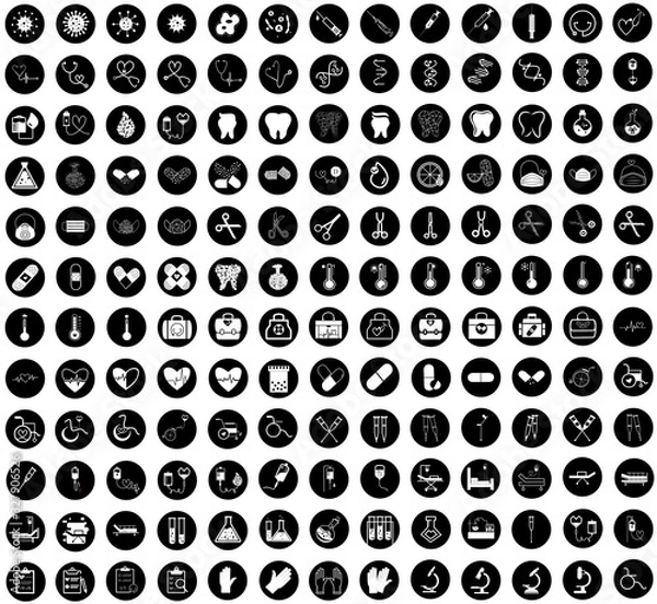 Obraz Set of 156 vector icons, sign and symbols in flat design medicine and health with elements in black circle for mobile concepts and web apps. Collection modern infographic logo and pictogram.